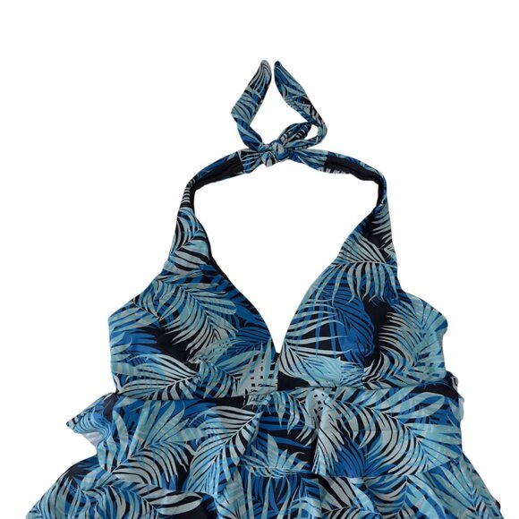 Time & Tru Womens Blue Tropical Print Ruffled Halter Swimsuit S (4-6) - Picture 5 of 11